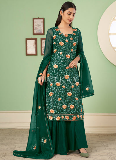 Green Multi Embroidery Georgette Palazzo Suit