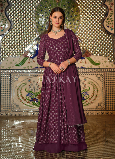 Wine Sequence Embroidered Pleated Anarkali Lehenga Suit