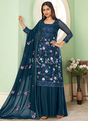 Royal Blue Multi Embroidery Georgette Palazzo Suit
