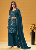 Turquoise Sequence Embroidered Palazzo Suit