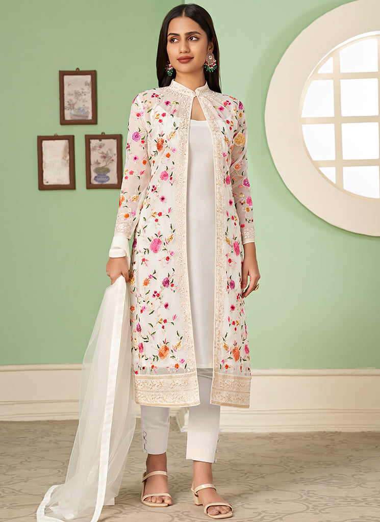 Buy Latest Indian Suits Online White Multi Floral Embroidery