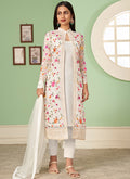 Buy Latest Indian Suits Online - White Multi Floral Embroidery Jacket Style Pant Suit At Hatkay
