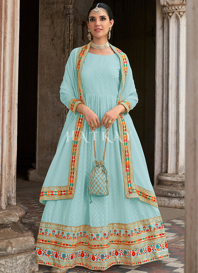 Sky Blue Sequence And Multi Embroidered Anarkali Suit