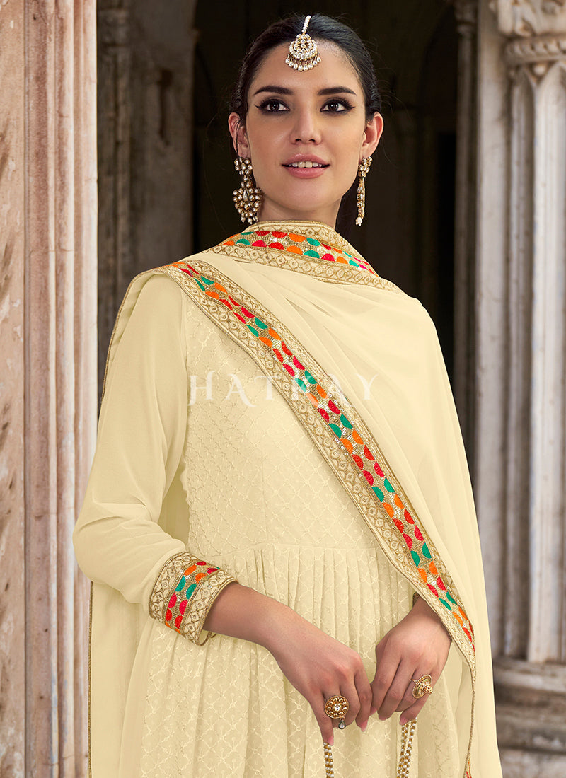 Cream Tissue Anarkali Suit With Delicate Resham Embroidery