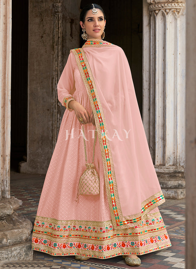 Soft Pink Sequence And Multi Embroidered Anarkali Suit