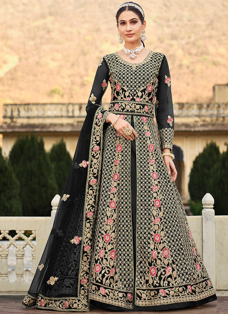 Black Multi Embroidery Slit Style Anarkali Lehenga