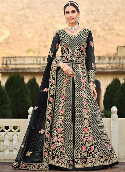 Black Multi Embroidery Slit Style Anarkali Lehenga