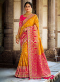 Bright Yellow And Pink Multi Embroidered Silk Saree