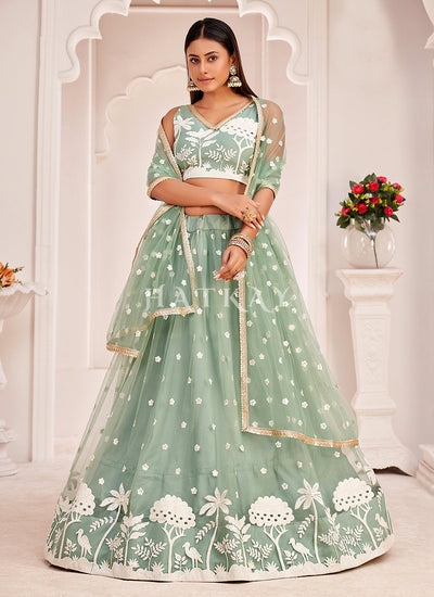 Pista Green Traditional Embroidered Wedding Lehenga Choli