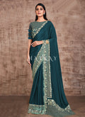 Turquoise Traditional Zari Embroidered Party Wear Saree