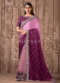 Plum Purple Traditional Zari Embroidered Party Wear Saree
