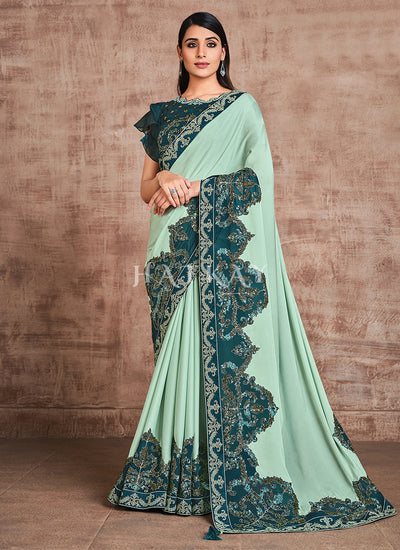 Sea Green Traditional Zari Embroidered Party Wear Saree