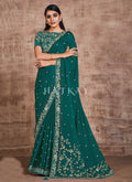 Dark Green Traditional Zari Embroidered Party Wear Saree