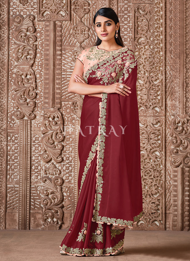 Red Peach Traditional Zari Embroidered Party Wear Saree