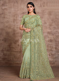Pista Green Traditional Zari Embroidered Party Wear Saree