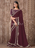Deep Wine Traditional Zari Embroidered Party Wear Saree