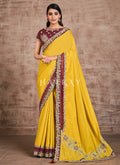 Yellow Maroon Traditional Zari Embroidered Party Wear Saree