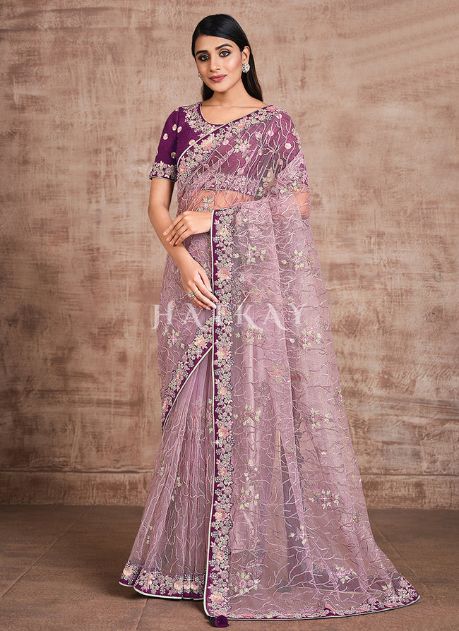 Lilac Purple Traditional Zari Embroidered Party Wear Saree