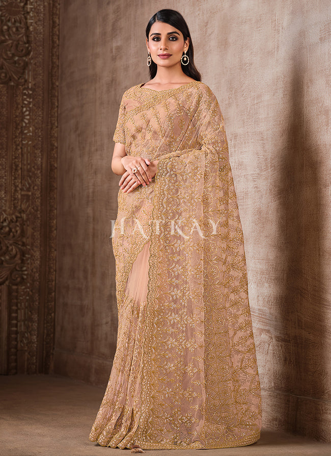 Beige Golden Traditional Zari Embroidered Party Wear Saree