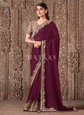 Pink Wine Traditional Zari Embroidered Party Wear Saree