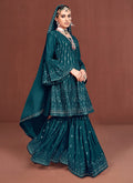 Turquoise Sequence Embroidered Anarkali Sharara Suit