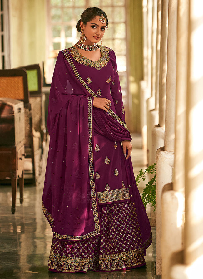 Purple Georgette Embroidered Palazzo Suit