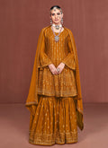 Mustard Yellow Sequence Embroidered Anarkali Sharara Suit