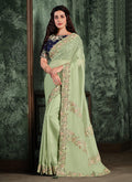 Light Green And Blue Multi Embroidered Designer Saree