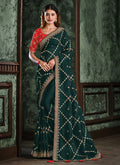 Green And Red Multi Embroidered Designer Saree