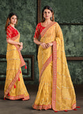 Yellow And Red Multi Embroidered Designer Saree