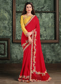 Red And Yellow Multi Embroidered Designer Saree