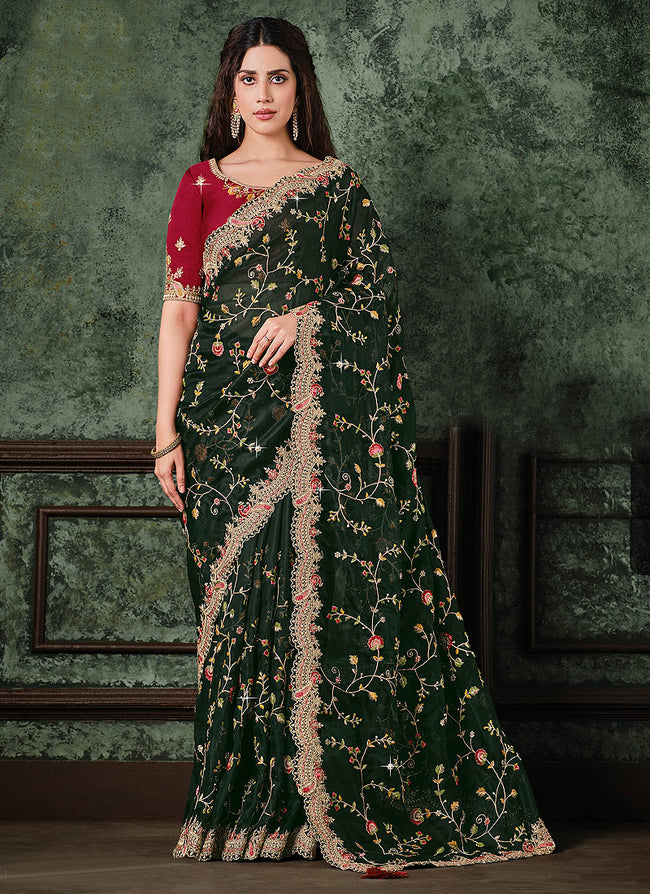 Green And Maroon Multi Embroidered Designer Saree