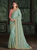 Blue And Pink Multi Embroidered Designer Saree
