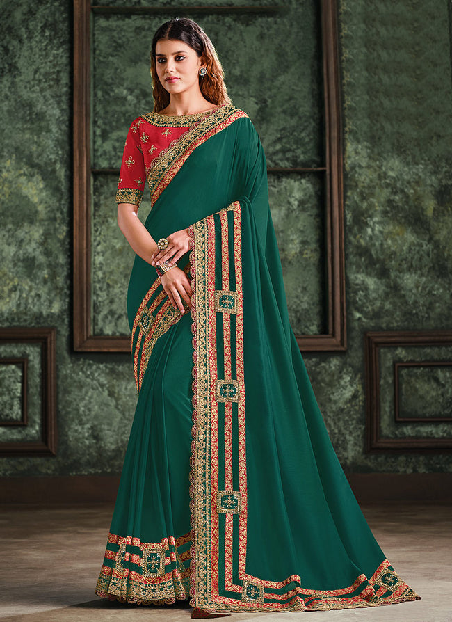 Red And Green Multi Embroidered Designer Saree