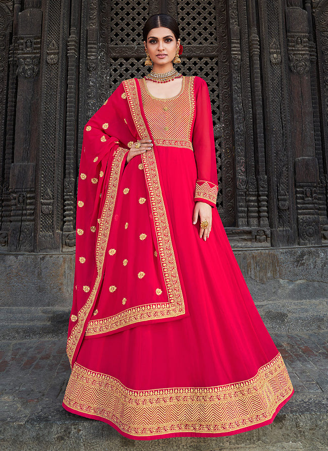 Hot Pink Zari Embroidered Anarkali Suit