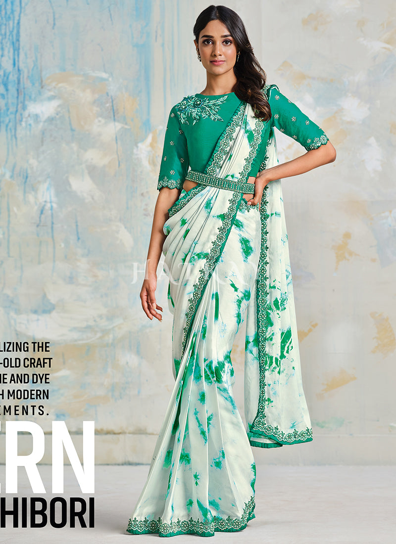 White Embroidered Tie Dyed Designer Silk Saree