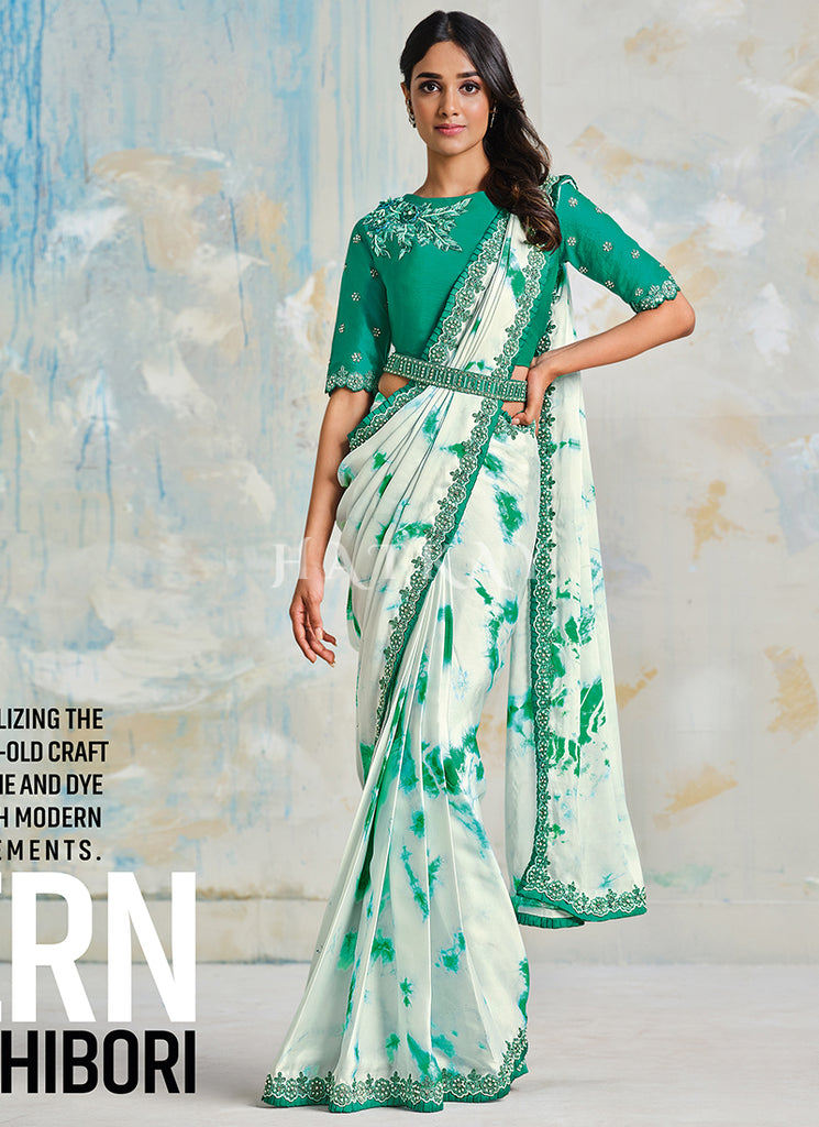 White Embroidered Tie Dyed Designer Silk Saree
