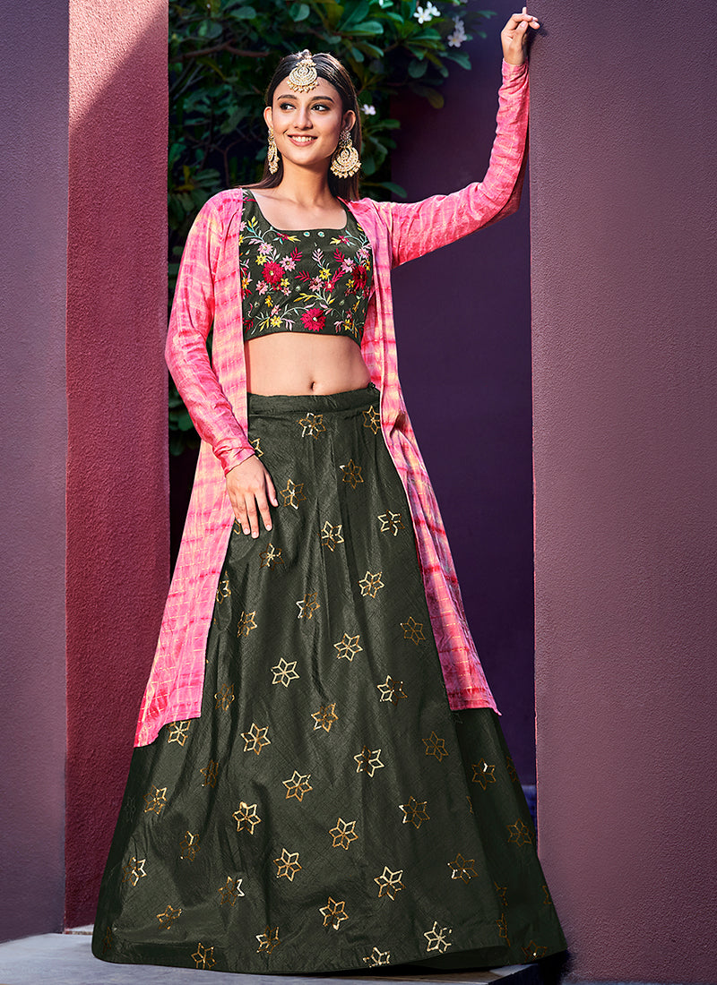 Olive Green Sequence Embroidery Jacket Style Lehenga Choli