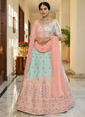 Teal And Peach Multi Embroidery Ombré Silk Lehenga Choli