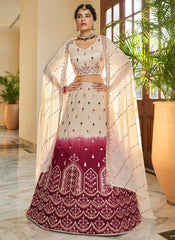 White And Red Multi Embroidery Ombré Silk Lehenga Choli