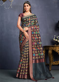 Bluish Maroon Floral Print And Sequence Silk Saree