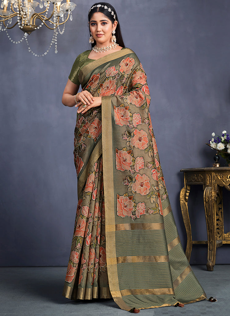 Olive Green Floral Print And Sequence Silk Saree