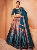 Turquoise Mirror Work Embroidery Shaded Velvet Lehenga Choli