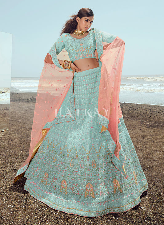 Aqua Blue Zarkan Embroidered Designer Lehenga Choli
