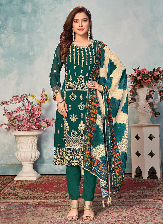 Green Georgette Pants Style Suit
