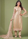 Beige Golden Sequence Embroidery Net Pant Style Suit