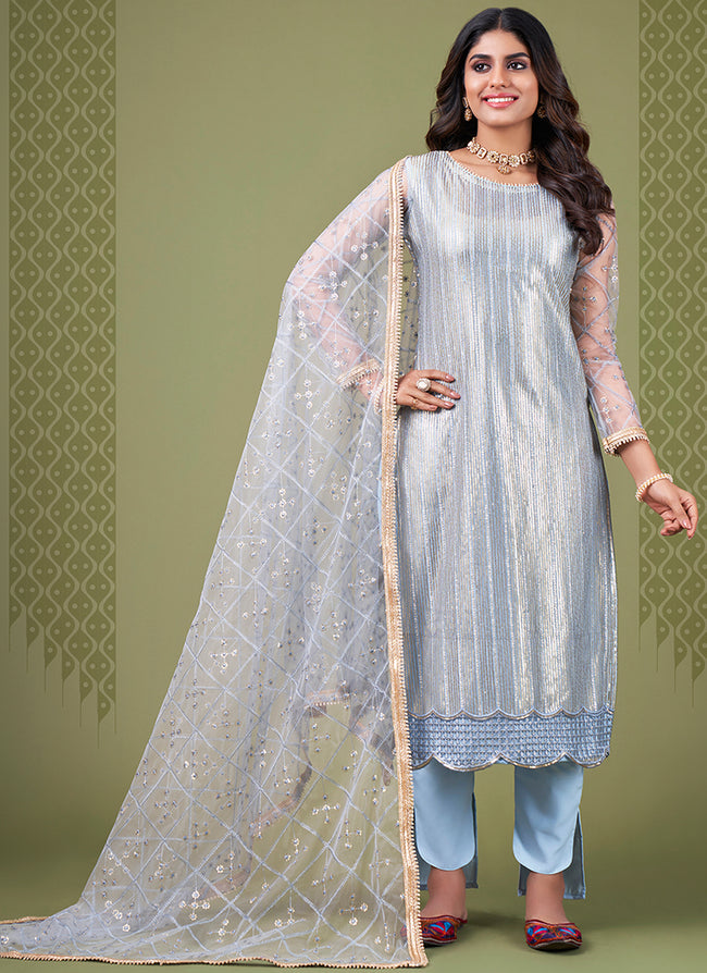 Buy Eid Dresses - Ice Blue Sequence Embroidery Net Pant Style Suit