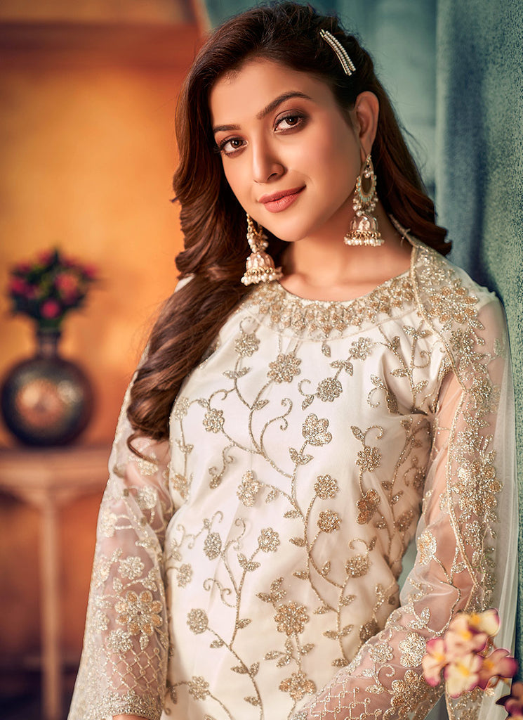 white embroidered pakistani dresses White and Gold Dress Pakistani in Pishwas Style #WS709