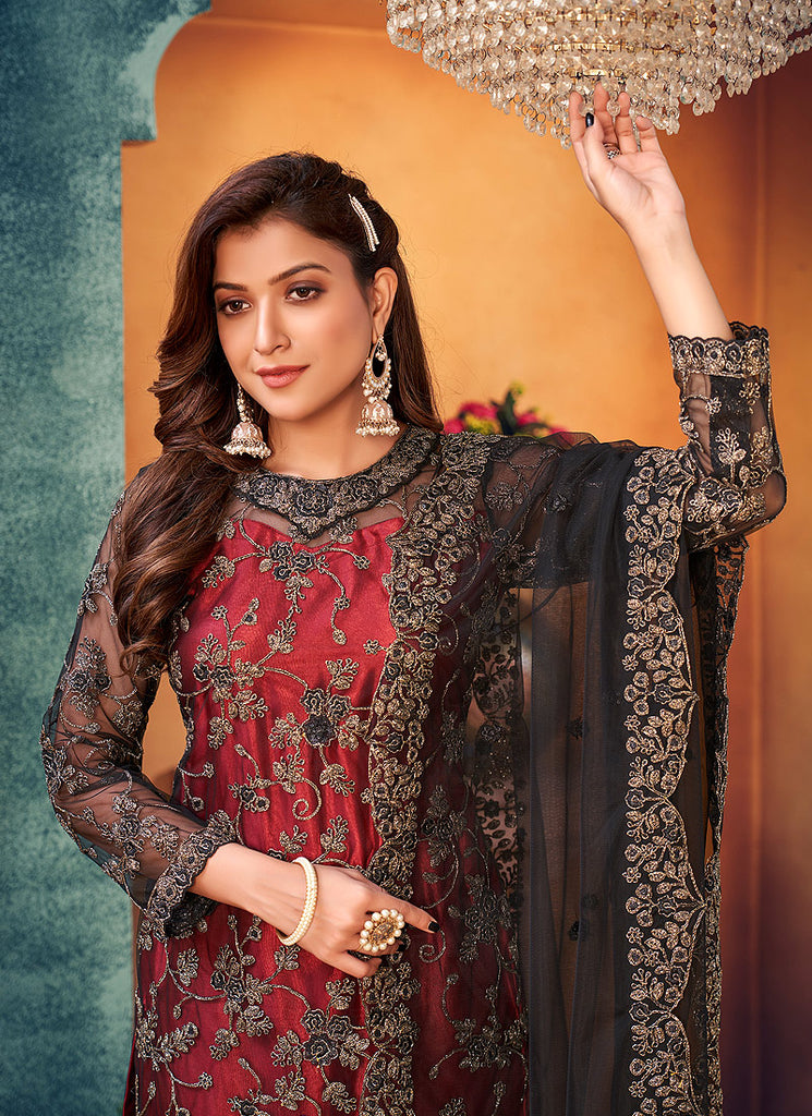 Indian Clothing Red And Black Embroidered Pakistani Salwar Suit