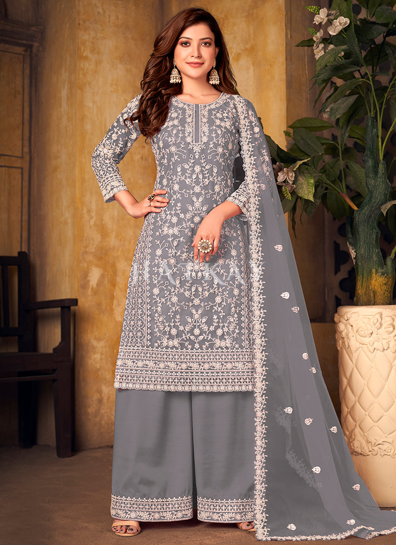 Pale Grey Embroidered Pakistani Palazzo Suit